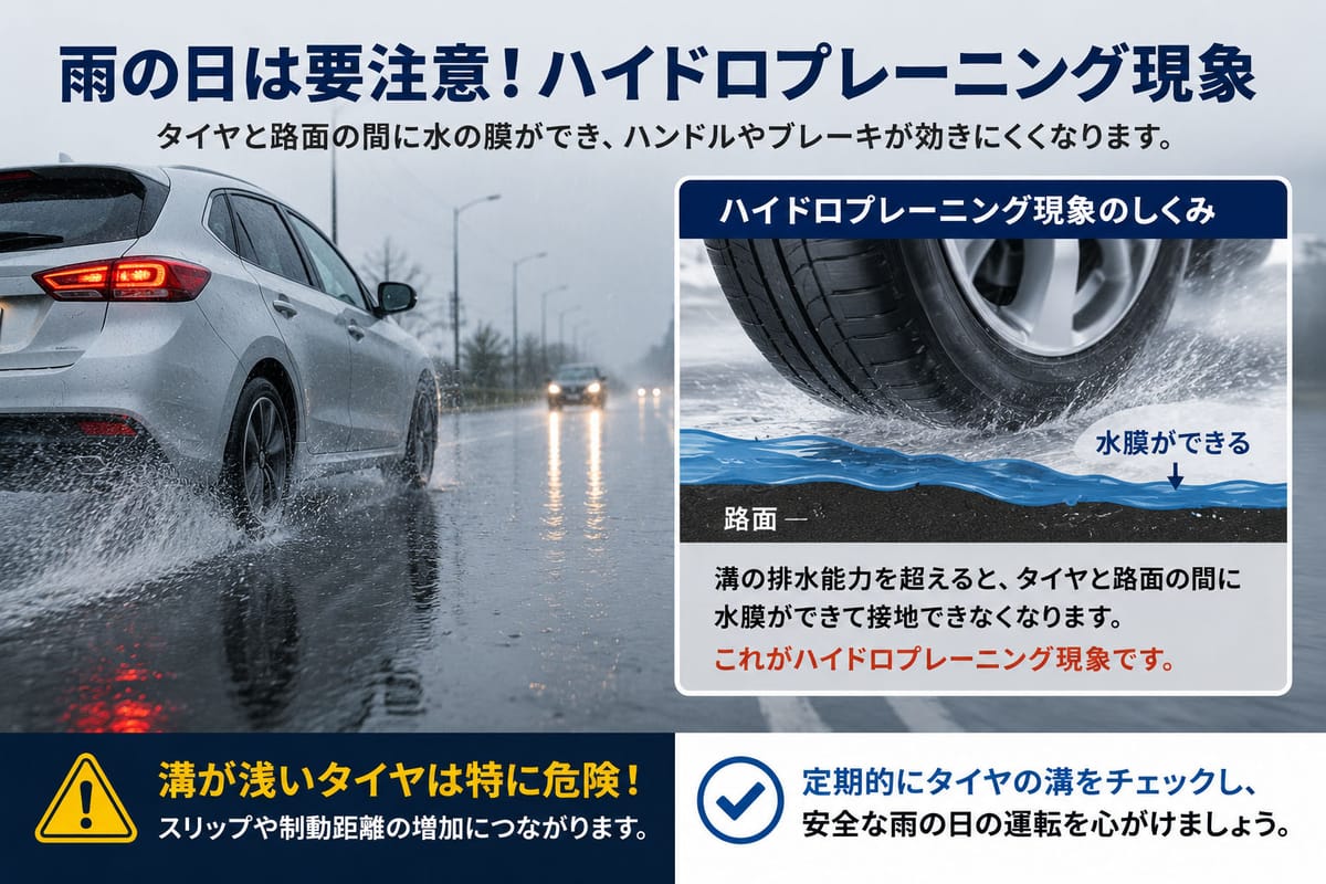 雨天の路面を走行する車と、タイヤの水膜(ハイドロプレーニング現象)を示すイメージ