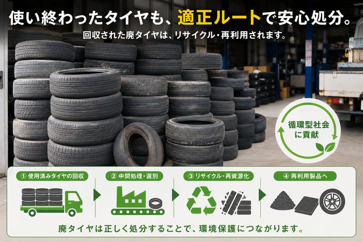 整備工場やタイヤ販売店に山積みされた廃タイヤの様子(適正処分ルートで回収されるイメージ)