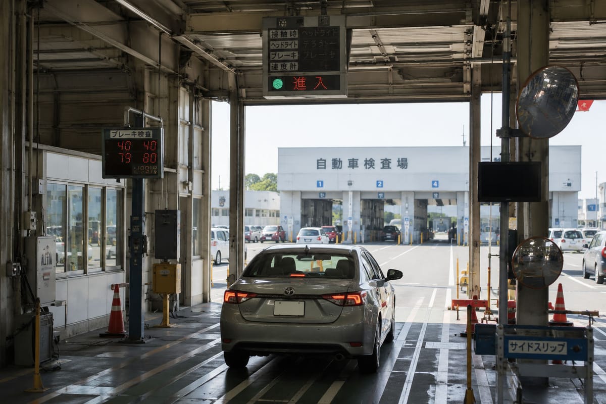 検査ライン内でブレーキ検査を受けている車両と、測定値を表示する電光掲示板(ユーザー車検の受検中)