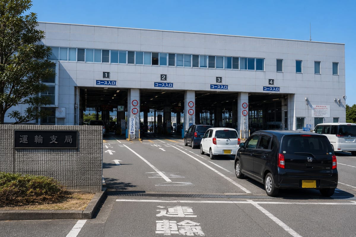 運輸支局の建物と 1〜4 番のコース入口に並ぶ受検待ちの車列